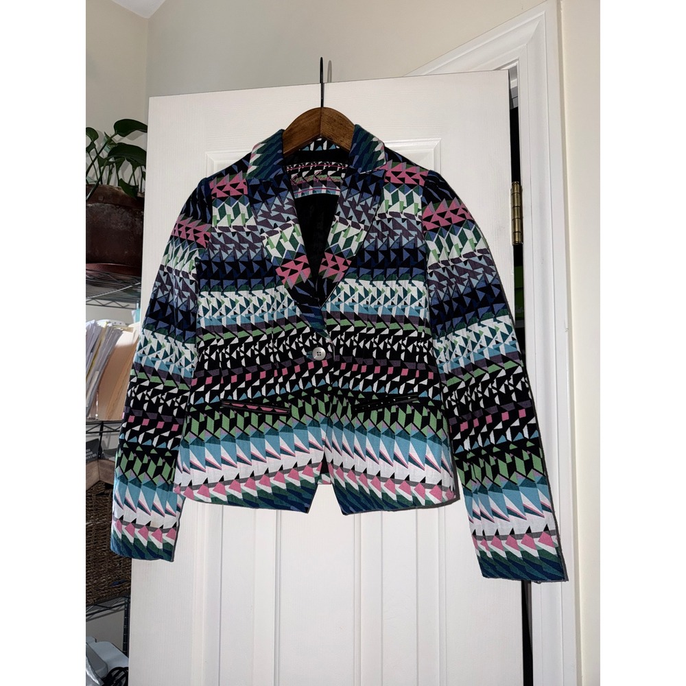 Robert Graham Blazer Womens 8 Multicolor Good Geometric Tapestry Zipper Cuff